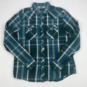 Salt Valley Men’s Western Flannel Pearl Snap Shirt Size XL Plaid Blue Green